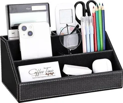 Obrázok produktu pre Uniqoos® Organizér na písací stôl zPolyuretánkože – 5 priehradiek na písacie potreby, pre kanceláriu a domáce pracovisko, veľkosť M, 24×13,5×11 cm, čierna farba