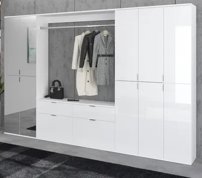 Produktbild von Garderobe "SystemX" in weiß Hochglanz Flurgarderobe Komplett-Set 273 x 193 cm mit variabler Inneneinteilung