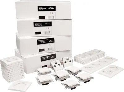 A collection of electrical switches and sockets, mostly in their original packaging, arranged on a white background.