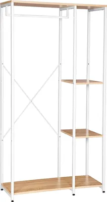 A clothing rack with shelves against a white background.