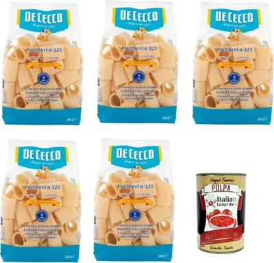 Produktbild von De Cecco Le Specialità Paccheri N°125, 100% Italienisch Pasta Nudeln 5x 500g + Italian Gourmet Polpa 400g