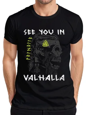 Obrázok produktu pre Uvidíme sa vo Valhale Viking Skull Mjölnir Valknut Runes Mythos Pánske tričko, čierna, S