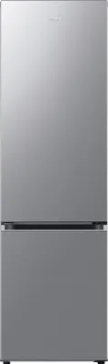 A front view of a silver refrigerator.