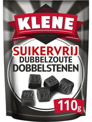 Produktbild von Klene Dubbelzoute Dobbelstenen Suikervrij 110g – Salzige, zuckerfreie Lakritz-Würfel