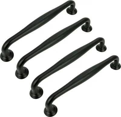 Image de Poignées de meubles élégantes en aluminium noir 128 mm en lot de 4, design classique pour armoires et tiroirs, vis de montage incluses, mates.