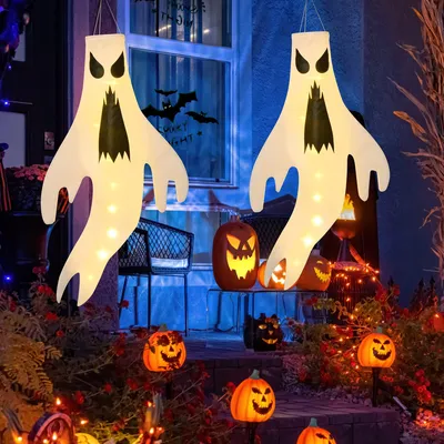 Halloween Geister-Windsocken 2er-Set mit LED-Lichtern