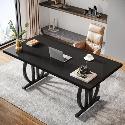 Zdjęcie produktu dla Biurko do biura, 160 cm, biurko komputerowe z metalowymi nogami, biurko do gabinetu, kolor czarny
