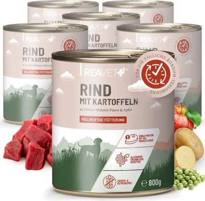 Produktbild von REAVET Premium Hunde Nassfutter - Rind an Kartoffeln & Apfel 6 x 800g I mit hohem Fleischanteil & viel Muskelfleisch, Getreidefrei, Hundefutter nass, ohne Zucker