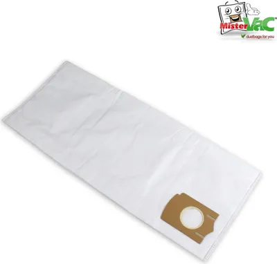 A white vacuum cleaner bag with a brown cardboard attachment is shown against a white background. A logo is visible in the top right corner.