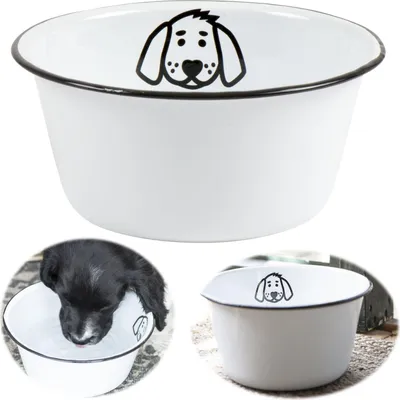 Produktbild von LS-LebenStil Vintage Fressnapf für Hunde Emaille Weiß 22x11cm Retro mit Motiv Napf Hundenapf Wassernapf Futterstation Futterbar Reisenapf groß Keramik
