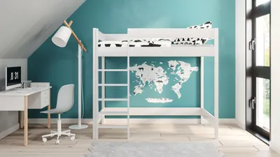 Produktbild von Hochbett 180x90 Kinderbett mit Rausfallschutz & Lattenrost weiß 90 x 180 für Mädchen und Jungen Massivholz Kiefer und MDF Möbelplatte,