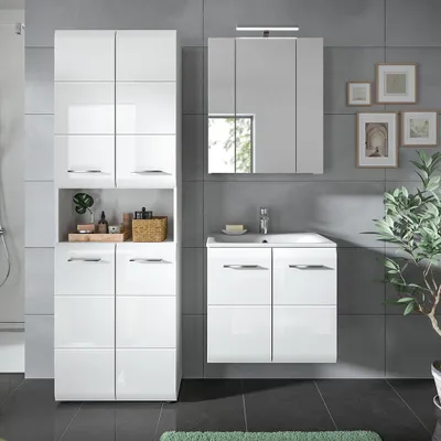 Produktbild von Badmöbel-Set 3-teilig in weiß mit weiß Hochglanz, mit 60 cm Waschtisch & Spiegelschrank mit LED-Beleuchtung - IGGESUND-158