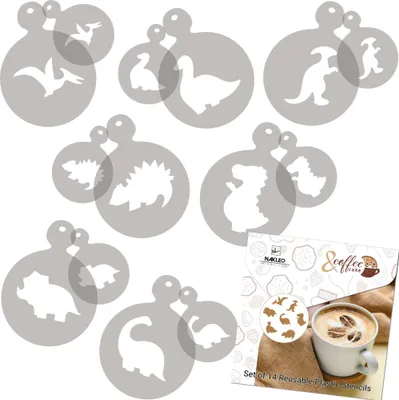 Produktbild von Kaffee Schablonen und Kekse Dekoration 14 Stück 7x7 cm und 11x11 cm, Wiederverwendbare Plastik Backen Vorlage, Dinosaurier, DIY