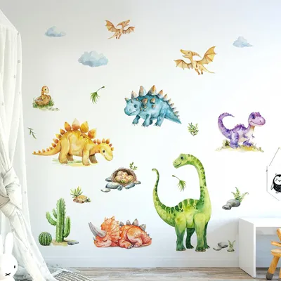 Produktbild von Dino Wandsticker, Aquarell Design, für Kinderzimmer, tropische Pflanzen, hochwertiges Vinyl