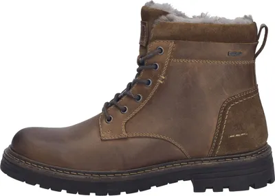A side view of a brown leather winter boot with fur lining.
