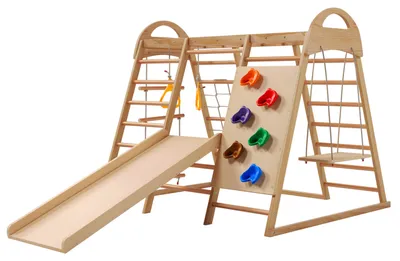 Produktbild von 7-in-1-Multifunktions-Klettergerüst ,Massivholz, Sperrholz und Buchenholz. Schaukel, Kletterleiter, Kletterplattenrutsche, Ein Netz zum Klettern, Kletterstein aus Kunststoff. Ringe. Kann als Zelthaus.