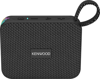A black portable speaker with a fabric texture and a fabric loop on top.