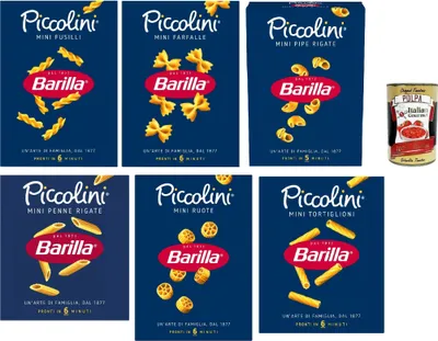 Produktbild von Barilla Piccolini Probierpaket, 6 Mini-Pasta Sorten: Mini Fusilli, Mini Farfalle, Mini Pipe Rigate, Mini Penne, Mini Ruote, Mini Tortiglioni, Kochzeit 5–6 Min, Hartweizengrieß + Italian Gourmet polpa
