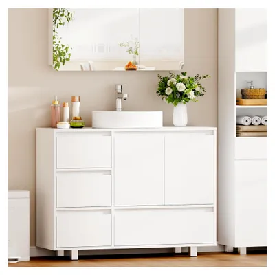 Produktbild von Waschbeckenunterschrank mit 4 Schubladen und 2 Türen, viel Stauraum, Unterschrank mit Füßen, modernes Design, 30 x 90 x 64,5 cm, Weiß