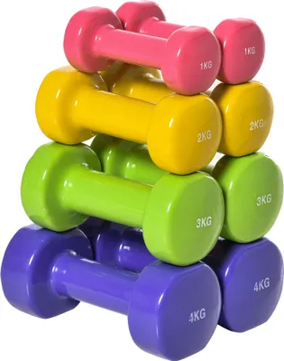 Produktbild von HOMCOM Set mit 8 sechseckigen Hanteln, 4 Paar, 4 kg, 3 kg, 2 kg, 1 kg, Neopren-Hanteln mit rutschfester Beschichtung, Gewichte für Heim-Fitness-Training, mehrfarbig