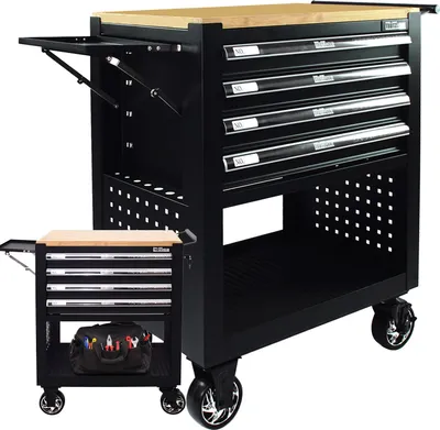 Produktbild von Werkstattwagen Profi Compact unbestückt 85  x 68  x 46 cm Holzplatte 4 Schubladen Lochwand Ablage sw