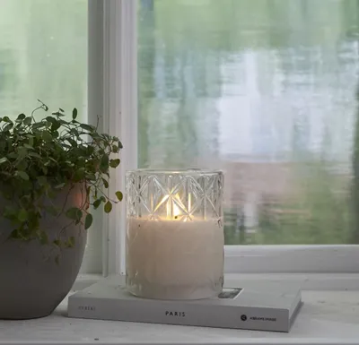 A lit candle in a glass holder sits on a book next to a potted plant on a windowsill.
