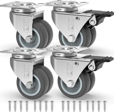 Produktbild von Silberne Rollen 50mm bis 400kg mit Schrauben, 4er-Set für Möbel, gummierte Laufflächen