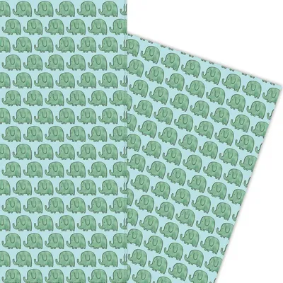 Produktbild von Niedliches Kinder Geschenkpapier mit kleinen grünen Elefanten auf hellblau - G5879, 32 x 48cm