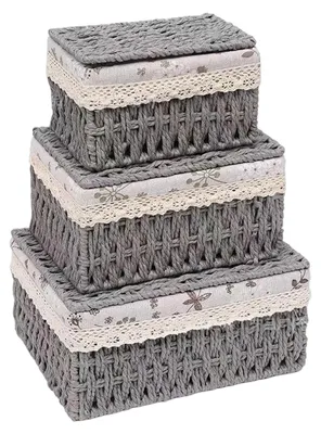 Aufbewahrungskörbe mit Deckel, 3er-Set, geflochten, Grau