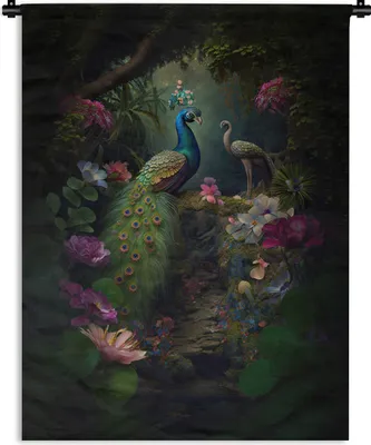 Produktbild von MuchoWow® Wandteppich Wandbehang Pfau - Blumen - Vögel - Dschungel 120x160 cm Tapisserie Dekoration Wandtuch - Wohnzimmer - Moderne