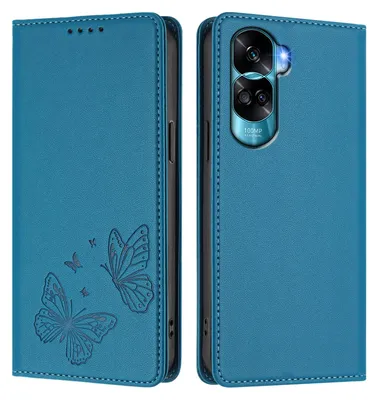 Image de Étui en cuir pour Honor 90 Lite, motif papillon, étui à rabat avec porte-appareil, bleu