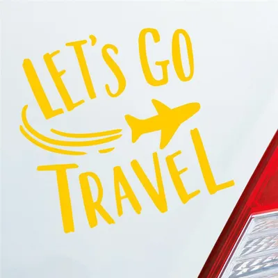 Produktbild von Auto Aufkleber Let's go travel Lass uns reisen Urlaub Holiday Car 10x10 cm Gelb Sticker Heckscheibenaufkleber