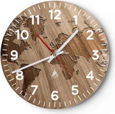 Produktbild von Wanduhr - Rund - Glasuhr - Geographie Globus Karte - 30x30cm - Schleichendes Uhrwerk - Lautlos - zum Aufhängen bereit - Dekoration Modern - Wanddekoration aus Glas - C4AR30x30-3042
