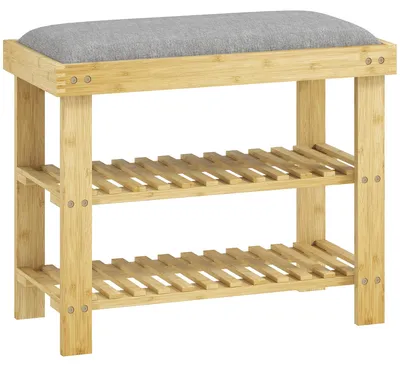 Zdjęcie produktu dla Ławka do przedpokoju z siedziskiem i półką na buty | Kolor: Szary + naturalne drewno | Wymiary: 60x29x49 cm