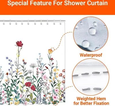 Duschvorhang 180 x 200 cm Blumen Pflanze Beschwerter Saum Anti-Schimmel Textil Wasserabweisend Waschbar Polyester Stoff
