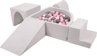 Produktbild von KiddyMoon spielplatz aus schaumstoff mit viertel eckig bällebad (200 bälle) hindernisläufe, hellgrau:weiß/grau/puderrosa