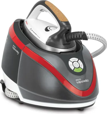 A steam iron and its base unit are shown against a white background.