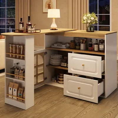 Produktbild von Flieks Stehtisch 360°drehbar, ausziehbarer Bartisch mit Sideboard, Esstisch Essbar 138-204x39x104 cm, Schrank mit Glastür und Schubladen, weiß