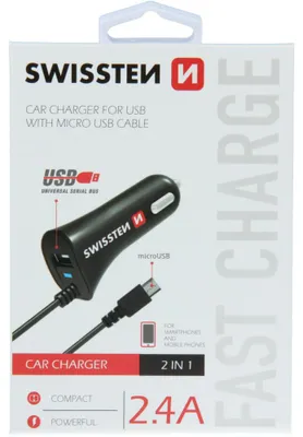 Obrázek produktu pro Swissten Micro-USB/USB, Auto, Zapalovač na doutníky, 5 V, Černá