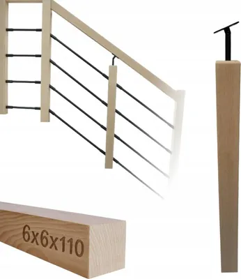Obrázok produktu pre Drevený stĺpik - hranoly - bukové drevo - 6 x 6 x 110 cm - kompletná montážna súprava - pre zábradlie - nastaviteľný držiak zábradlia