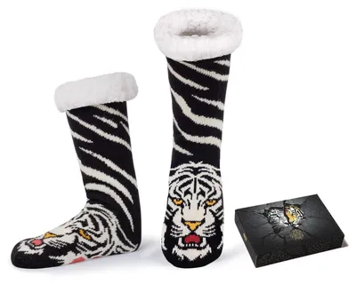 Produktbild von Kuschelsocken Herren 43-46 Rutschfest mit Geschenkbox Dicke Thermosocken für Winter Geschenke Tiger