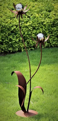 Produktbild von Skulptur Blume Milano Corten 120 cm mit Kugel aus Edelstahl poliert Edelstahl Cortenstahl Dekoration Garten