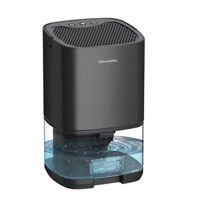 A black dehumidifier with a clear water reservoir filled with blue liquid, set against a white background.