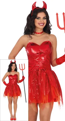 Produktbild von Teufelin Kostüm für Damen rot mit Hörner Haarreif Teufel Kleid Dämonin Halloween Karneval Fasching, Größe: 42 - 44 (L) Farbe: Rot