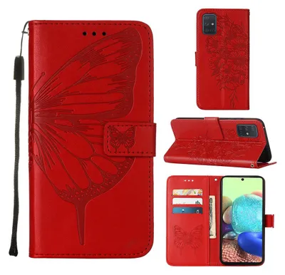Produktbild von Galaxy A71 5G Hülle, Schmetterling Prägung Flip Leder Kartenfächer Schutzhülle Ledertasche mit Ständer für Samsung Galaxy A71 5G Rot