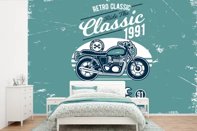 Produktbild von MuchoWow® Fototapete für Wohnzimmer oder Schlafzimmer Wandtapete Vinyl Motivtapete Motorrad - Werkzeuge - Retro - 330x220 cm - Fototapeten