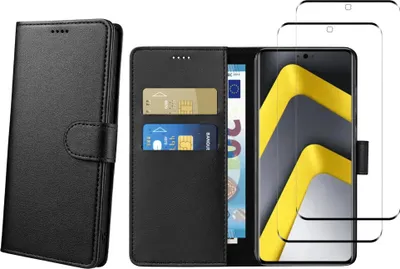 Produktbild von Hülle für Xiaomi POCO M8 PRO 5G und 2 gehärtete Gläser – Schwarze Brieftasche mit Klappverschluss und Magnetverschluss zur Aufbewahrung von Karten Phonillico®