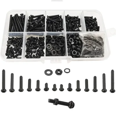 Produktbild von Schraubenset, 600 Stück - M3, Senkkopf - Muttern - Flachunterlegscheiben - Kohlenstoffstahl - Schwarz - Schraubenset