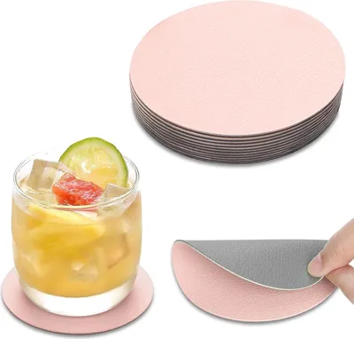 Produktbild von Untersetzer Gläser 15er Set, Doppelseitigen Leder Untersetzer, Rund rutschfest Glasuntersetzer, rutschfest Abwaschbare Getränkeuntersetzer(Rosa + Grau)