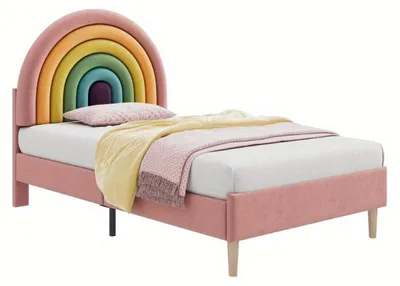 Image de Lit simple 90x200 cm – Lit en velours rose avec dossier réglable et sommier à lattes en bois